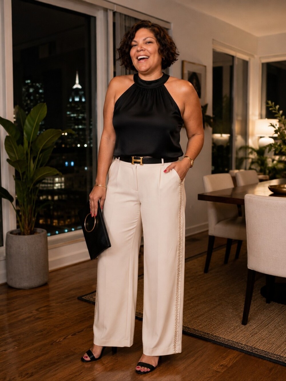 Eloquii Light Cream Wide-Leg Pants with Embroidered Side Trim